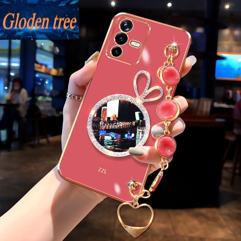 Gloden tree Phone Case Untuk Vivo S6 S7 S9 S9E S10 S10E S12 S12Plus S15E S15 Shell Kelinci Vanity Mirror Dengan Gelang Permata