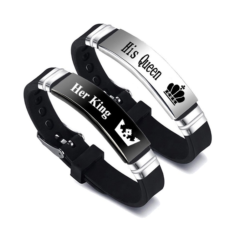 2pcs/set Sport Silikon Pasangan Gelang Bangle Hitam Her King His Queen Gelang Stainless Steel Hadiah