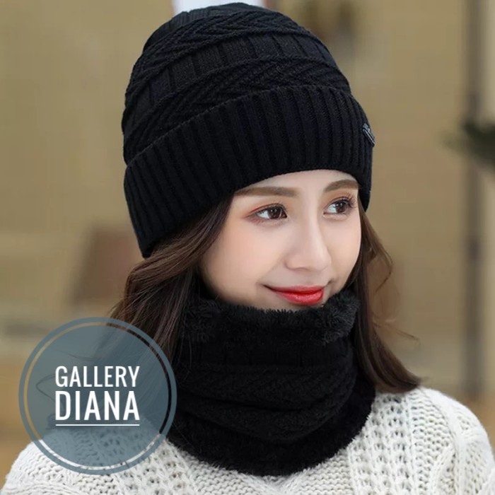 Topi Topi Kupluk Rajut Wanita Tebal Musim Dingin Tampa Syal