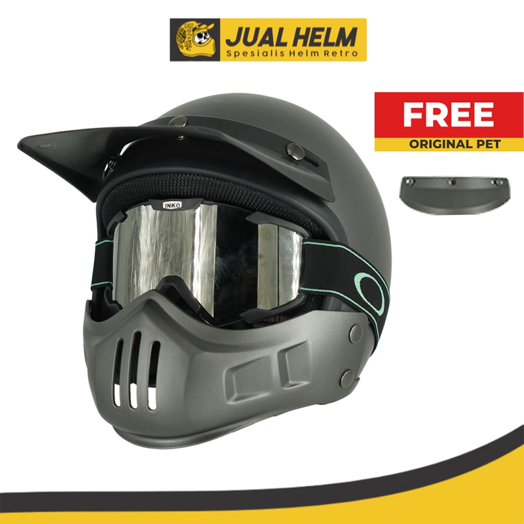 Helm Retro Cakil Modular + Goggle Inko + Pet Duck Cross