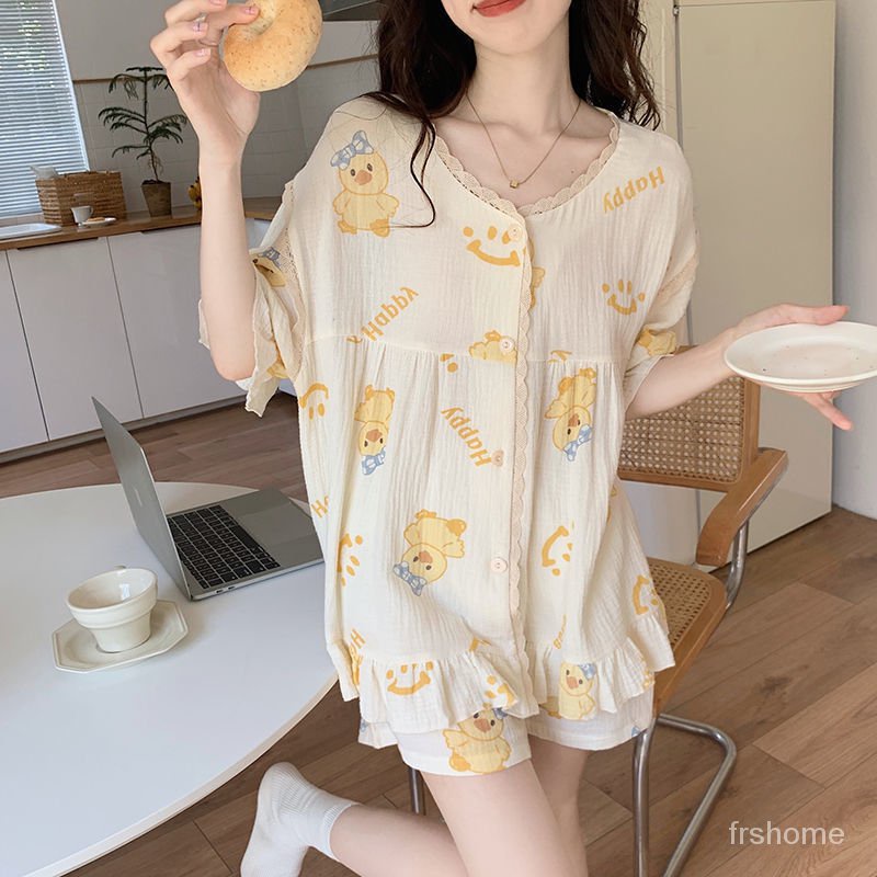 Jepang manis manis piyama musim panas wanita katun musim panas gadis renda renda katun linen gaya pu