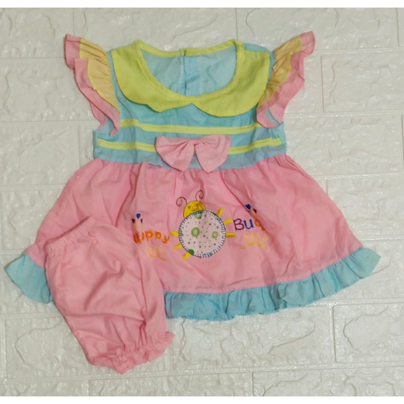 Stelan Dress Bayi, Baju Baby Pelangi + Celana Umur 1 - 12 bulan, Ld 50cm,