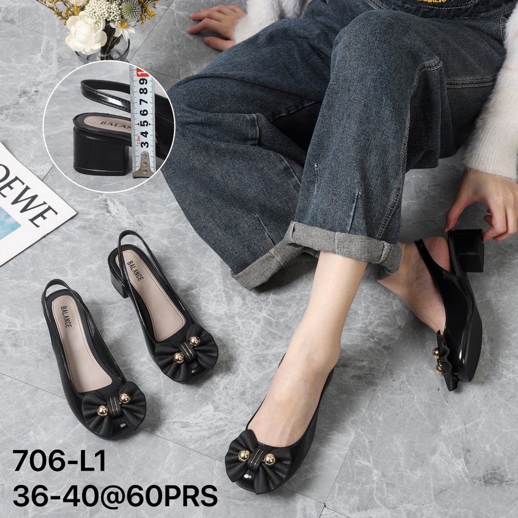 Sepatu Slob Jelly pita Wanita 706 L1 Wedges Hitam Formal Cewek SPTWW