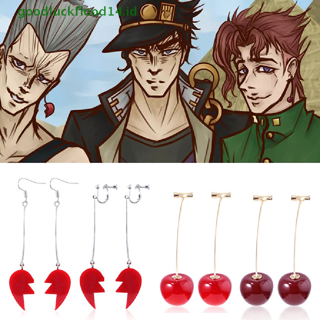 [GOOGFOUR] Bizarre Adventure Earrings Cherry Drop Anting Wanita Pria Cosplay Telinga Klip Perhiasan Hadiah [TOP]