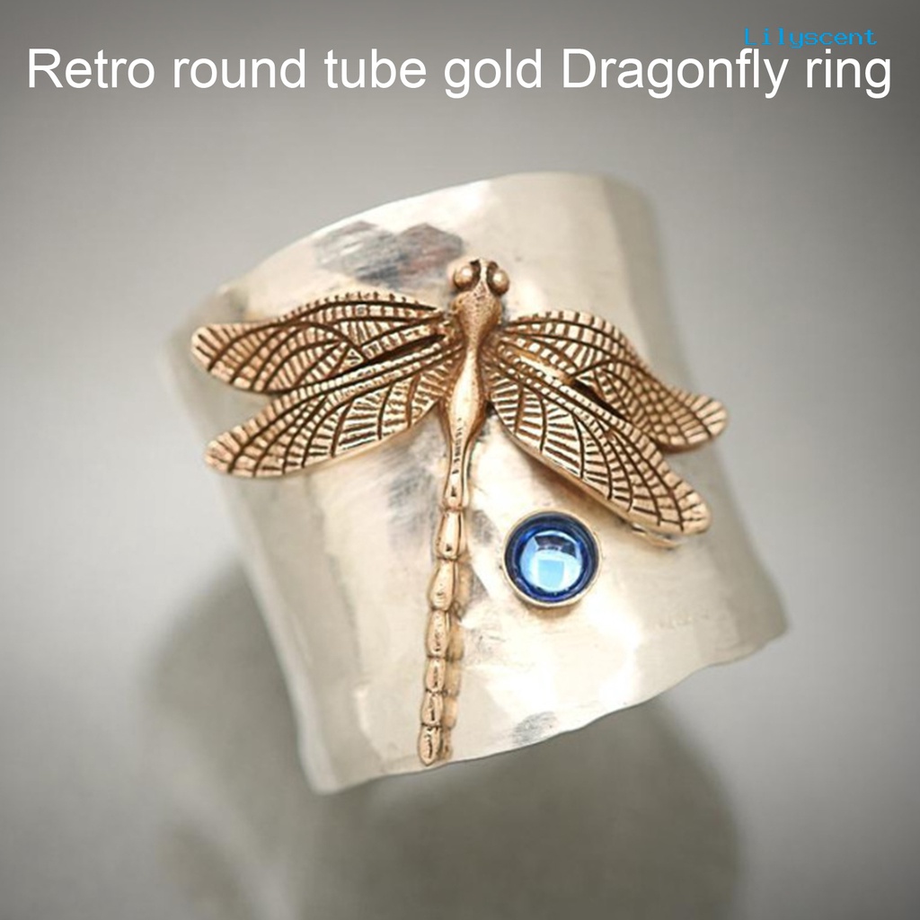 [LS] Fashion Cincin Capung Dekorasi Perhiasan Vintage Ukiran Golden Tube Design Alloy Ring Untuk Pesta