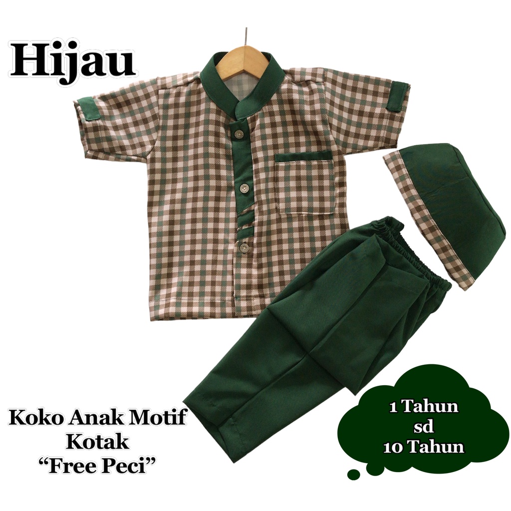 SETELAN KOKO ANAK LAKI-LAKI/BAJU MUSLIM ANAK LAKI-LAKI MOTIF KOTAK WARNA HIJAU