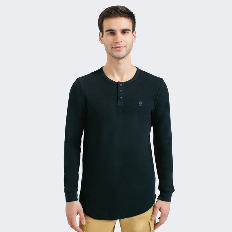 Greenlight Kaos Pria Lengan Panjang Katun Tshirt Basic Half Kancing Hitam 041222