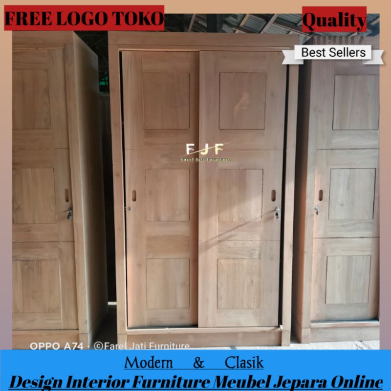 Lemari Pakaian 2 Pintu Sliding Geser Minimalis Full Kayu Jati Perhutani Grade A Non Finishing Mentah