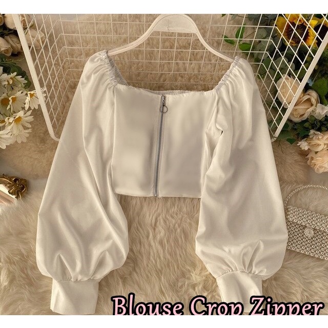 Outer Zipper Crop Top Balon Atasan Casual Wanita Korea