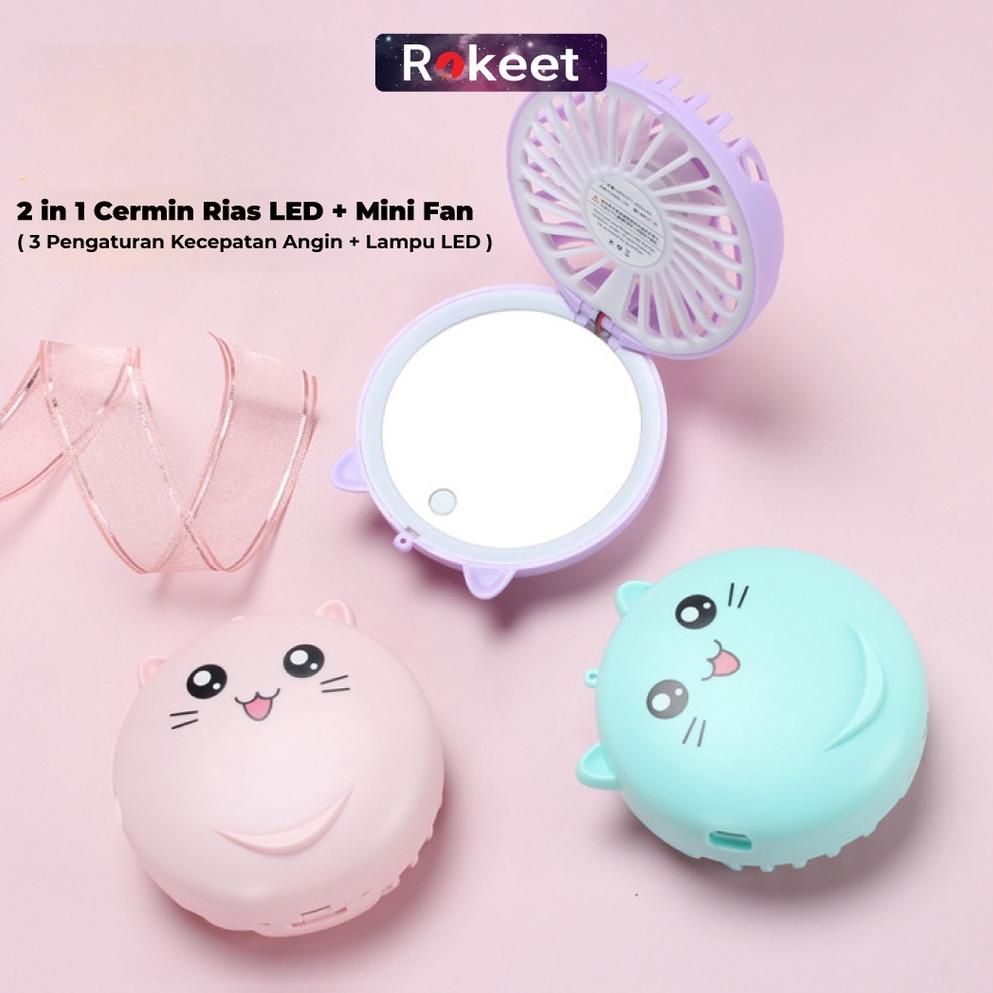 {SH.29Ja23ᴾ} Rokeet Kipas Angin Cermin Kaca LED Portable Karaker Mini Fan Mirror