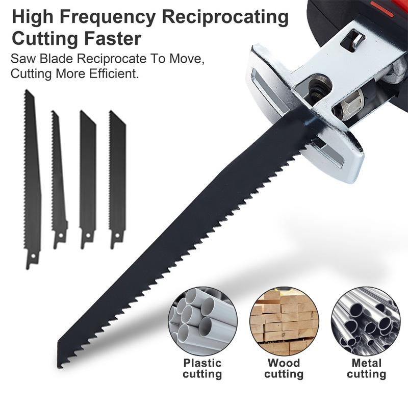 198VF Portable Reciprocating Saw Cordless Mini Chainsaw Mesin Gergaji Besi Kayu Handheld Saw with Rechargeable Battery for Wood Cutting Power Tools 4 Blades