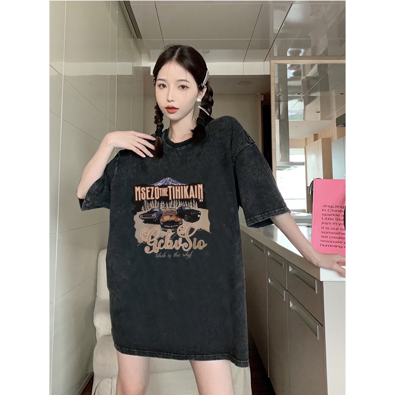 Vintage T-shirt Oversize Hitam Washed Lengan Pendek Car Printing Print T-shirt Hiphop Kaos Hitam