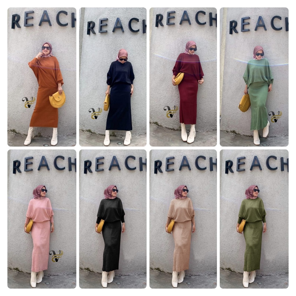 2 UKURAN L DAN JUMBO SET KNIT REACH FASHION PAKAIAN WANITA SETELAN ATASAN BATWING DAN ROK KR / EDHM ADA VIDEO REAL PRODUK