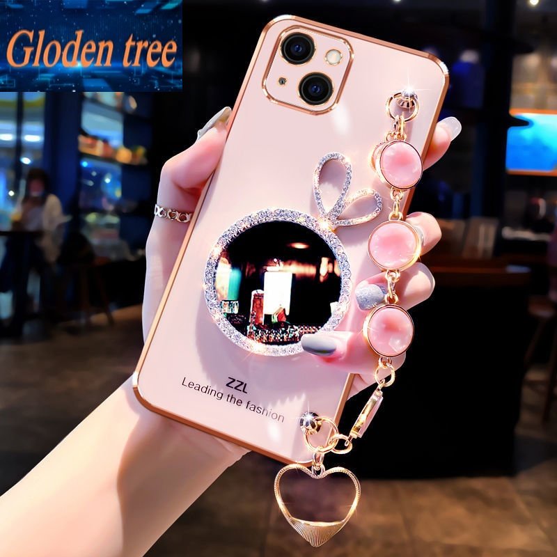 IPHONE Casing Ponsel Pohon Gloden Untuk Iphone6 6Plus 7ipse2020 7Plus X XR XSMAX 12 12Pro Shell Rabbit Vanity Mirror Dengan Gelang Permata