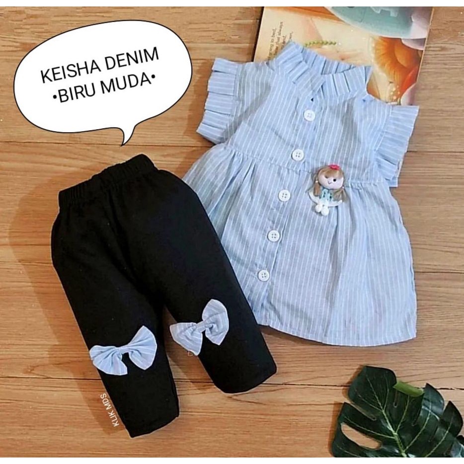 Setelan Baju Anak Perempuan / Baju Bayi Cewek Atasan Lengan Pendek Dan Celana Panjang Motif Keisha Denim Usia 0-6 Bulan