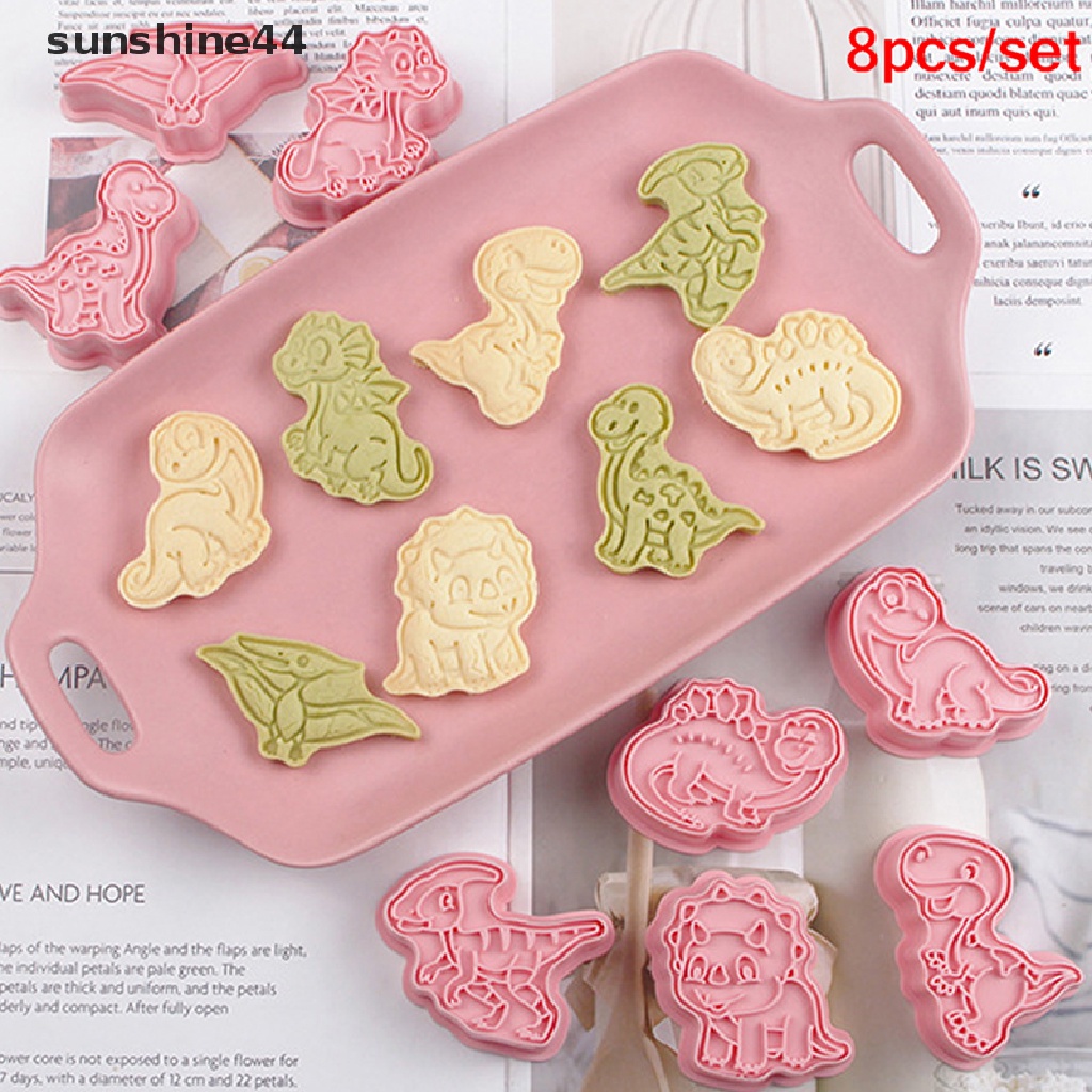 Sunshine 8Pcs/Set Kartun Dinosaurus Cookie Cutters Cetakan Biskuit 3D Plastik Pressable.