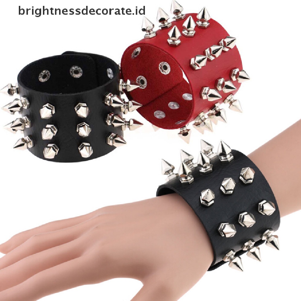 [Birth] Tiga Baris Rivet Stud Manset Lebar Kulit PU Punk Gothic Rock Gelang Hadiah [ID]