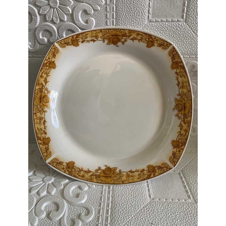 Piring makan 10 inch keramik porcelain resto hotel model persegi motif bunga 25cm