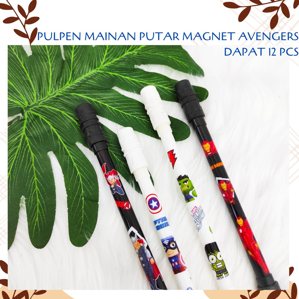 

SELUSIN PULPEN MAINAN PUTAR MAGNET AVENGERS ISI 12 PCS SUPER HERO SPINNING ALAT TULIS PEN GEL KARAKTER LUCU
