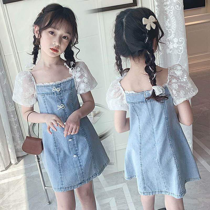 Dress Anak Perempuan Soft Jeans Ribbon Flower