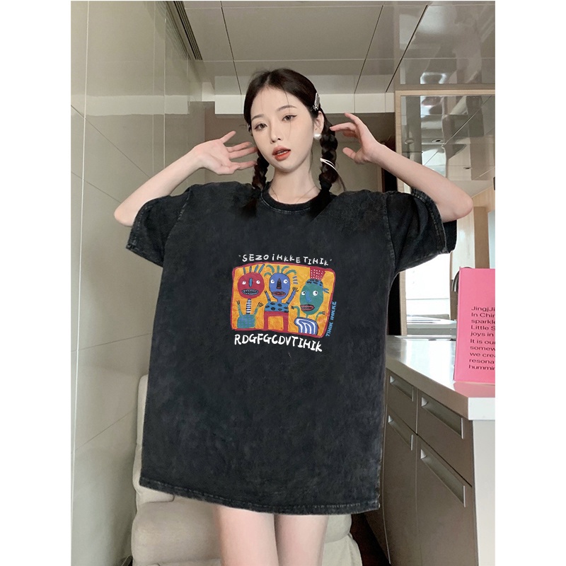 Kaos oversize hitam oversize lengan pendek Cartoon Animals washed baju wanita  graphic print T-shirt/kaos overzise