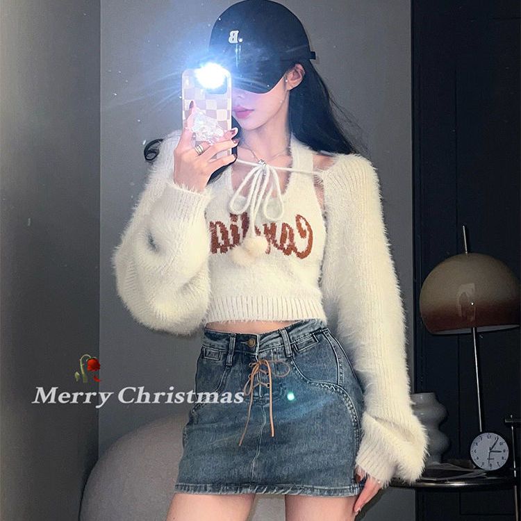 Red Musim semi gaya baru keinginan murni gaya babes gaun rajutan leher gantung American retro sweater bag hip setelan rok atasan wanita