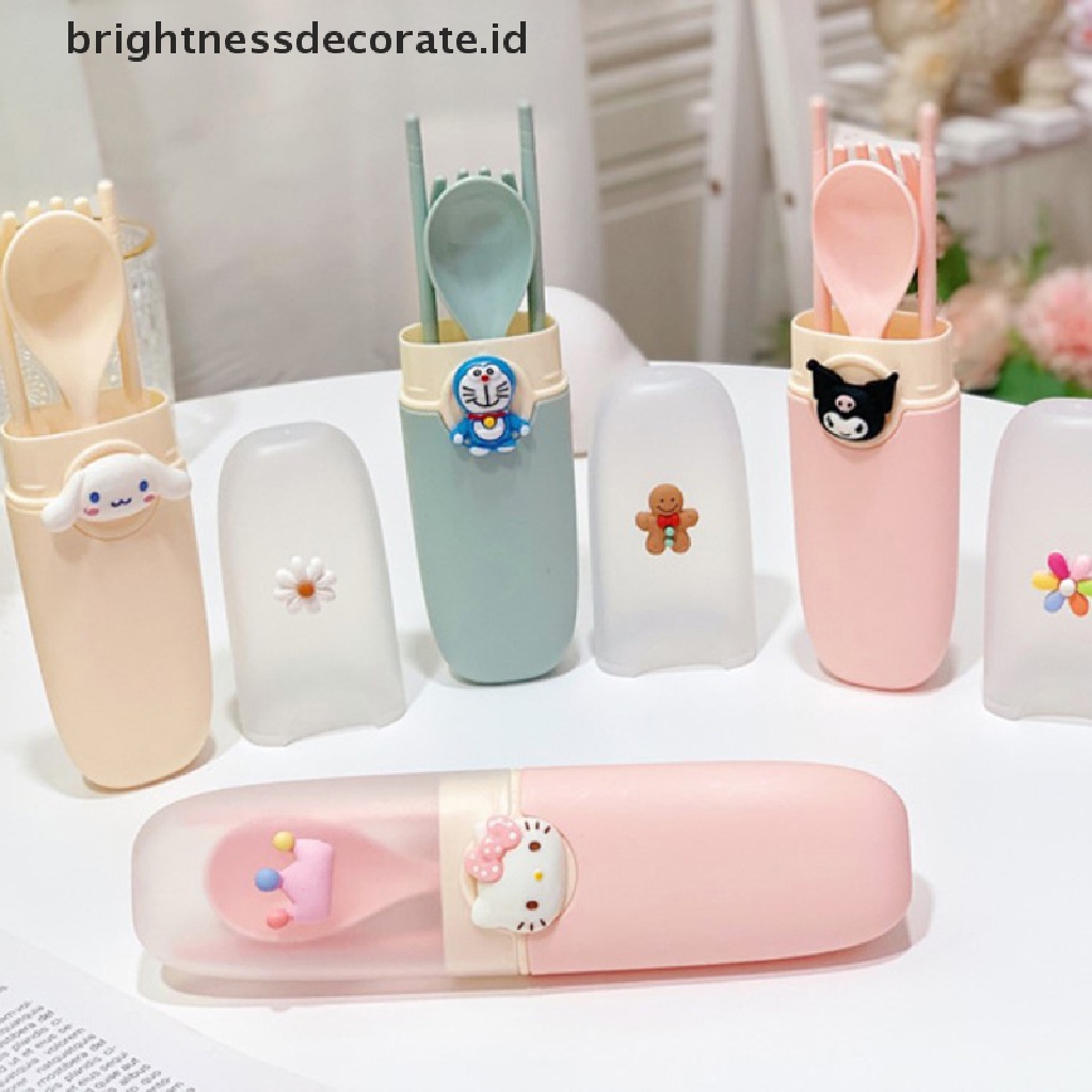 [Birth] 3pcs Kawaii Cutlery Kartun Portable Cutlery Set Sumpit Siswa Sendok Garpu [ID]