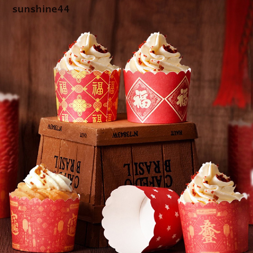 Sunshine 50Pcs Dekorasi Kue Imlek Pernikahan Ulang Tahun Spring Festival Pastry Cupcake Packaging Red Paper Cup.