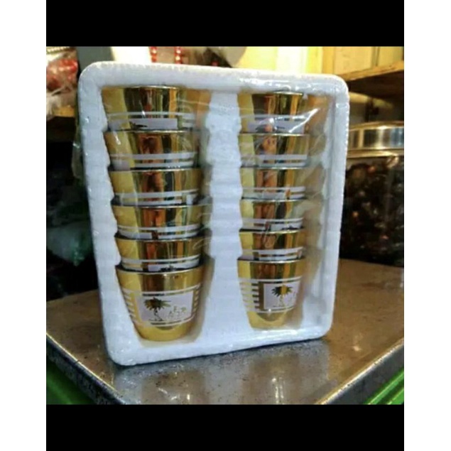 Gelas Air Zamzam Gold Cangkir Kaca Set 12 Pcs Gelas Cucing Arab Premium untuk Oleh Oleh Haji dan Umr
