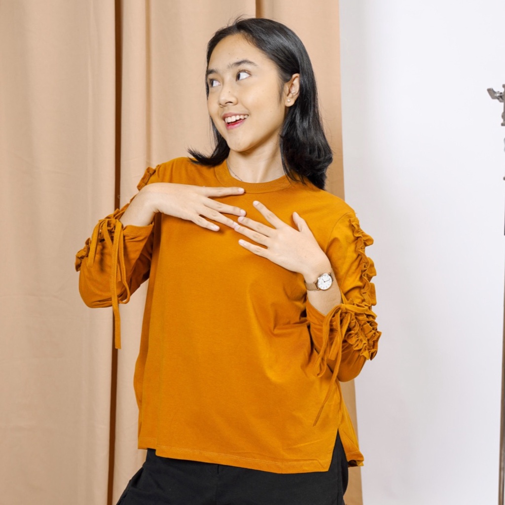 AGNI BLUSHED TOP DARK MUSTARD - T-Shirt (kaos) Wanita Mustard