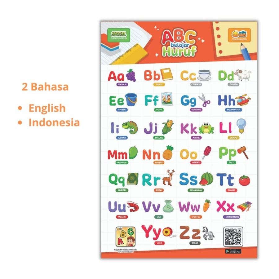 MOMBABY1 Poster Edukasi Pendidikan Anak TK SD 3 in 1 Huruf Angka dan Hijaiyah