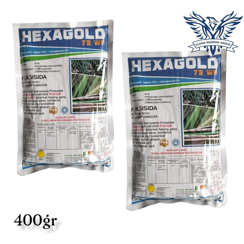 Fungisida HEXAGOLD 75wp 400gr Bahan aktif Kaptan 70% dan Hekzakonazol 5% Untuk Mengendalikan Penyakit Busuk Pelepah pada Tanaman Padi Heksa Orthocide Anvil Kontaf Kontaf plus