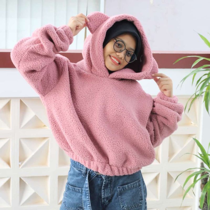 PDF Jaket Hoodie Cropped Kuping Beruang Jaket Wanita Hoodie Wanita Oversize Bahan Bulu Domba