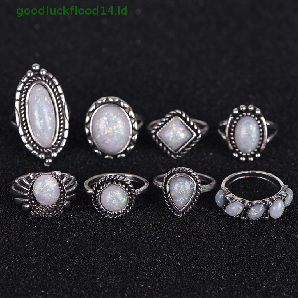 [GOOGFOUR] 8pcs/set Cincin Perak Putih Api Opal Cincin Kawin Tunangan Cincin Wanita Perhiasan [TOP]