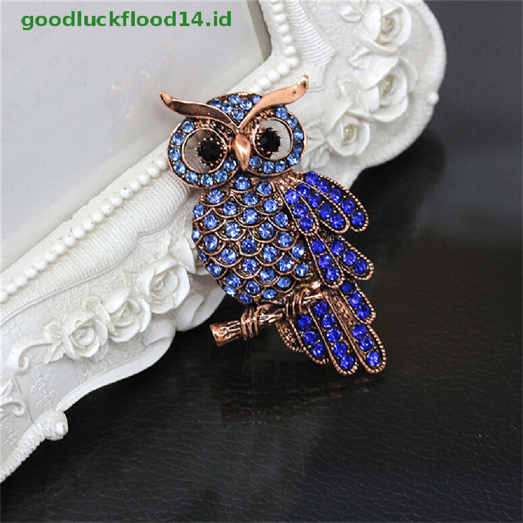 [GOOGFOUR] Hot Bridal Owl Gold Pin Bouquet Vintage Biru Berlian Imitasi Pernikahan Bros [TOP]