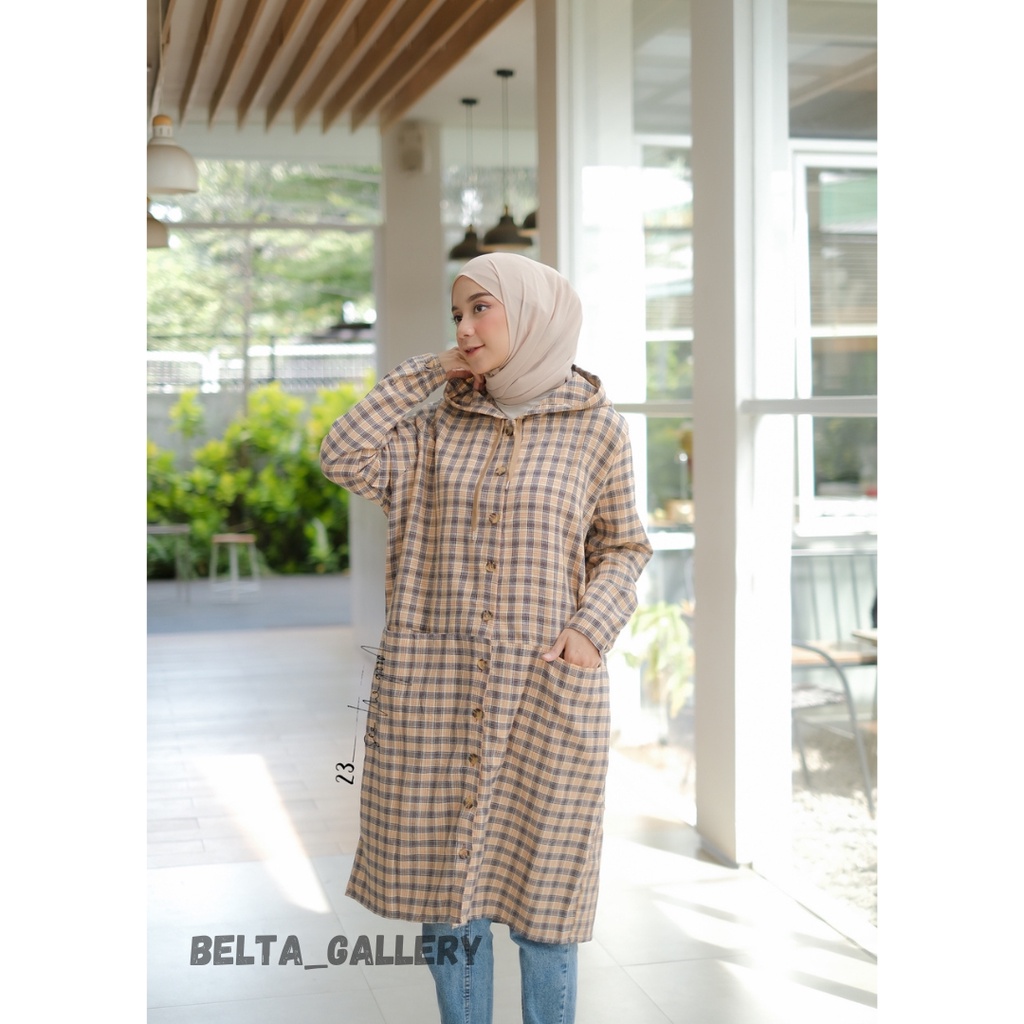 Long Tunik Flanel Kotak Wanita Size Standar Jumbo Free Belt Flanel Halus Premium