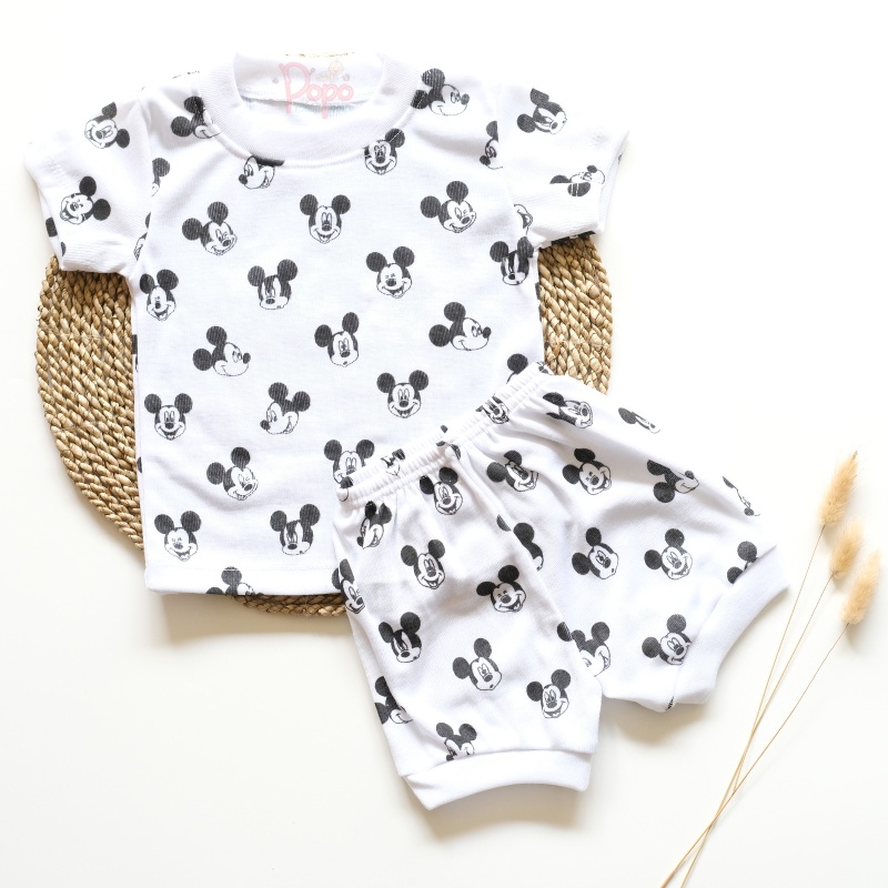 SETELAN PENDEK BAYI/ANAK FULL PRINT COTTON RIB WHITE MICKEY/SET OBLONG PENDEK (BABY/KIDS RIB SET)