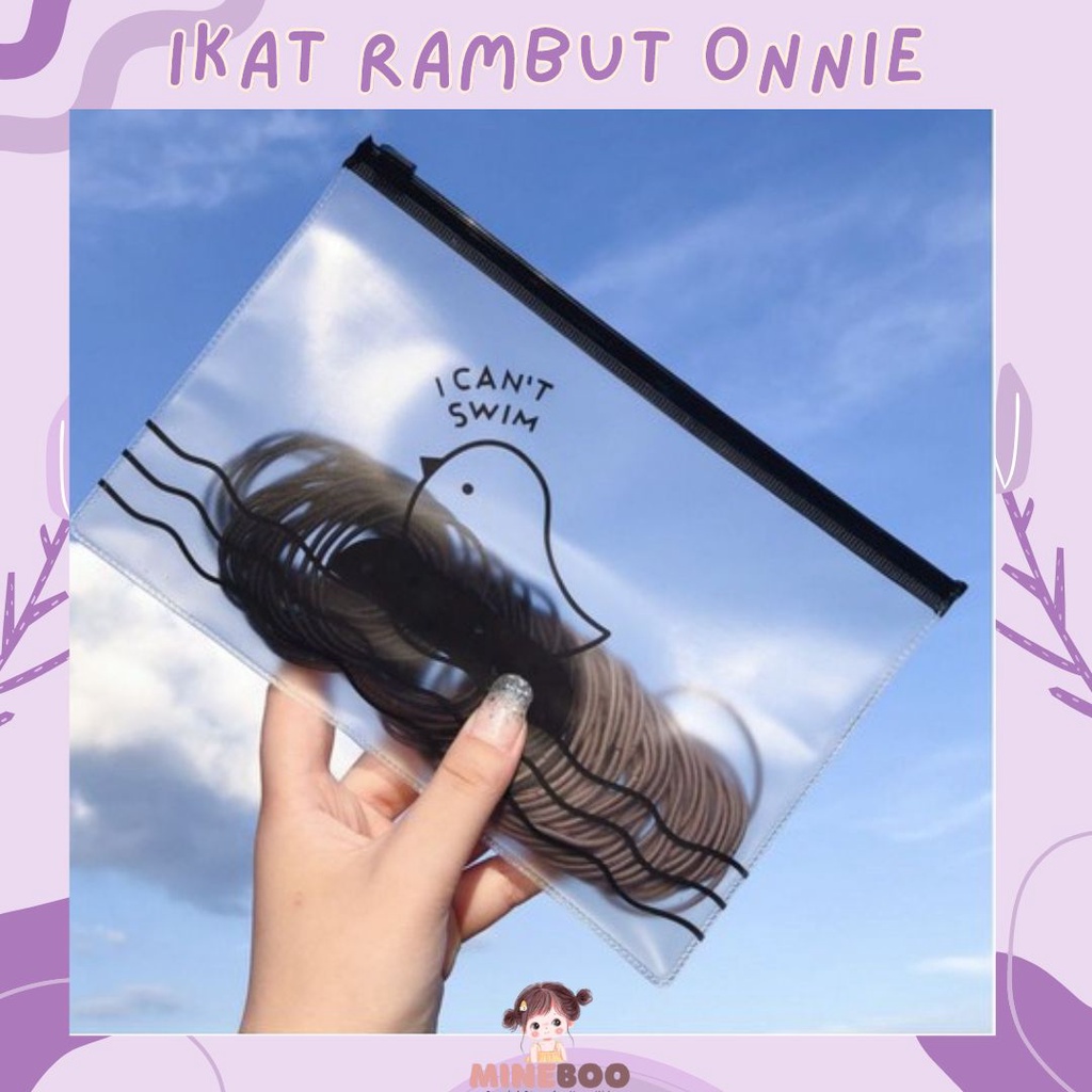 mineboo - IKAT RAMBUT ONNIE 100pcs + pouch ikat rambut karet polos warna-warni anak dewasa import ala korea