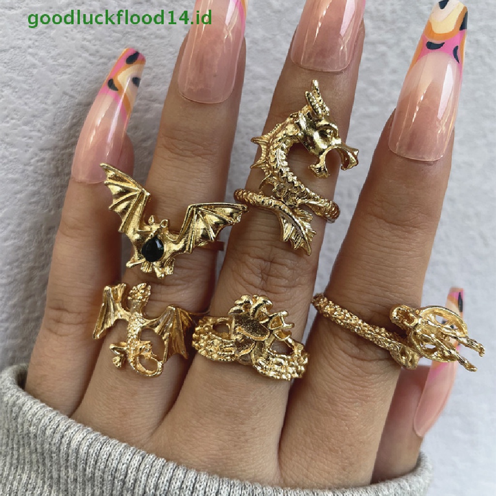 [GOOGFOUR] 5pcs/set Vintage Hip Hop Punk Naga Ular Kupu-Kupu Kelelawar Tengkorak Retro Knuckle Joint Rings Wanita Gothic Finger Ring Set Perhiasan Baru [TOP]