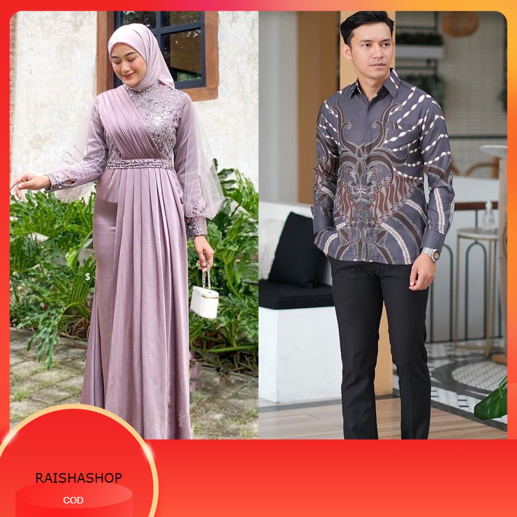 WOU BATIK - Gamis Couple Adeeva Dress Kondangan Dan Lebaran Modern Dress Satin Mix Brokat Payet Prem