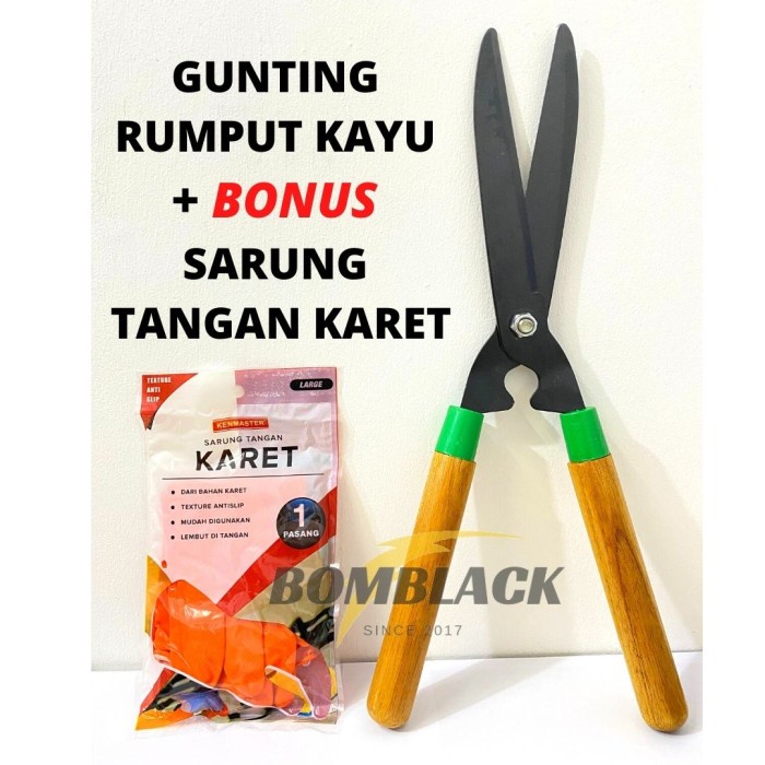 PAKET Gunting Rumput Gagang Kayu + Sarung Tangan Karet Latex Kenmaster