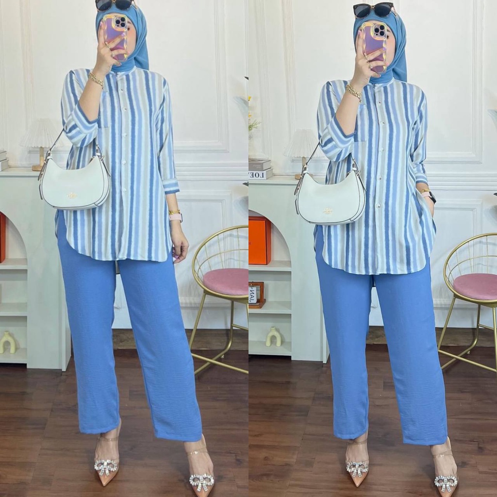 Luna Set - One Set Wanita Kemeja Salur Shakila Twill Premium Setelan Baju Lengan 7/8 Set Celana Panjang Kekinian LD 110 cm