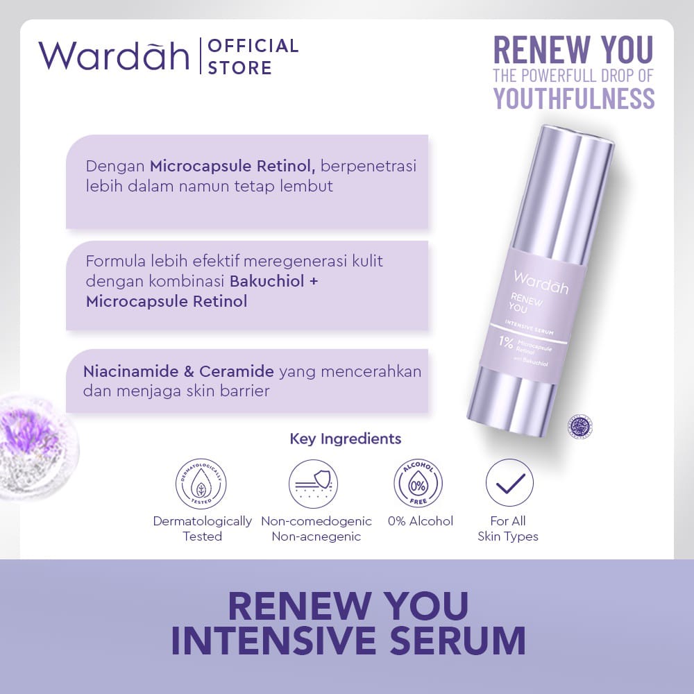 Wardah Serum Renew You Anti Aging Intensive 30 ml/ 15 ml dengan RETINOL (Kemasan BARU) - Skincare Samarkan Garis Halus Keriput Ungu BPOM Serum Retinol Anti Aging