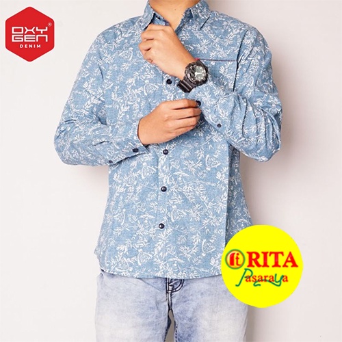 Oxygen Denim Kemeja Pria Lengan Panjang Motif kemeja Pria Motif Daun 293 312151