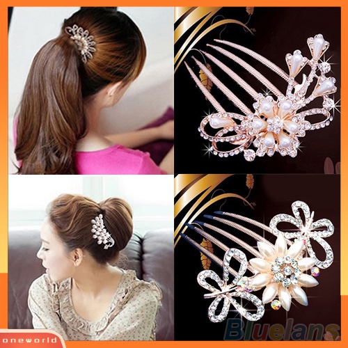 {oneworld} Pernikahan Pengantin Berlian Imitasi Mutiara Imitasi Jepit Rambut Bunga Merak Hair Clip Comb