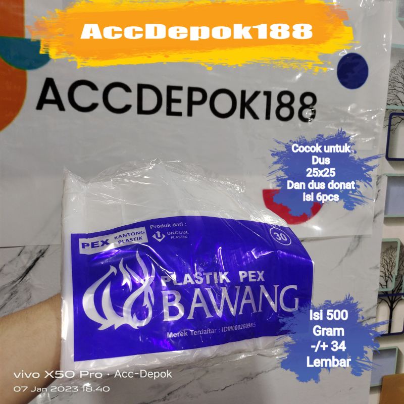KANTONG PLASTIK PEX MEREK BAWANG UK 30 35 / KANTONG DUS 22X22 ISI 500 GRAM