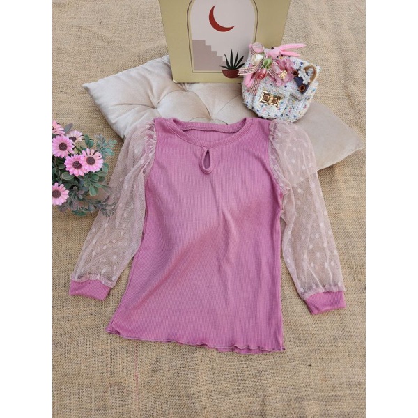 2-4 Tahun EVERLY LONG TOP | Atasan Baju Anak Perempuan Bahan Knit mix Tile Dot