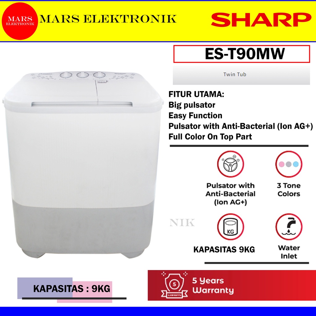 MESIN CUCI SHARP ES-T90MW / 9 KG / ES T 90 MW / EST90MW / FREE ONGKIR MEDAN