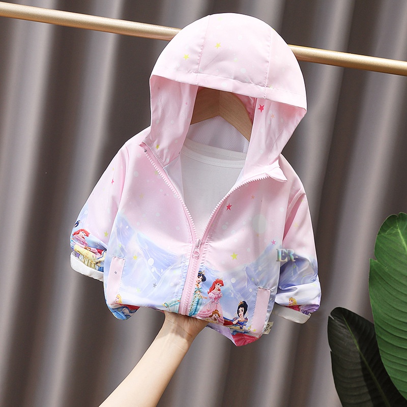 LNR Shop Jaket Anak Perempuan Dengan Topi Motif Frozen Elsa Unicorn Princess Snow White Cinderella Aurora Belle Putri Jasmine Ariel Kuda Poni Musim Semi Bahan Parasut Lembut Sweater Bertudung Kuda Poni