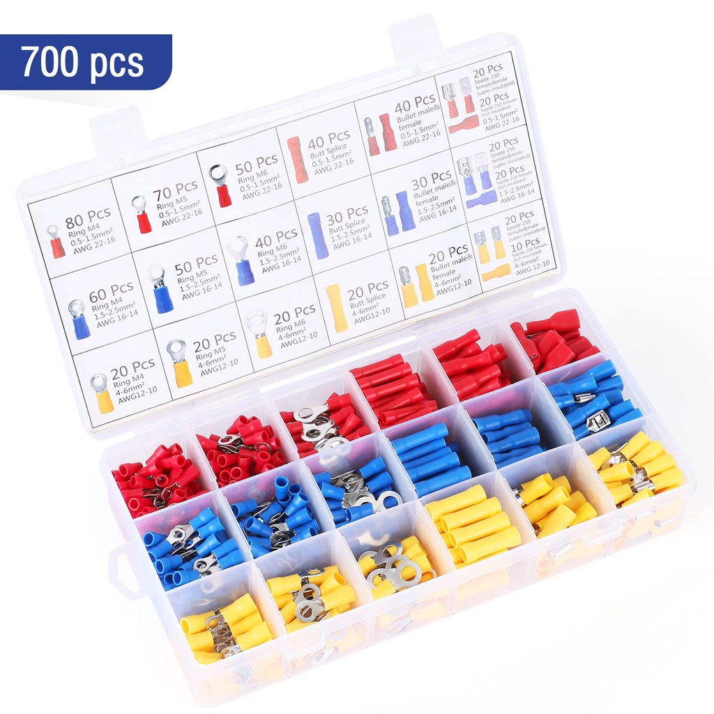 Tubtap 20-10 tang crimping untuk lug kabel, 700 buah lug kabel berisolasi, kit alat 0,5-6 mm² alat kabel tang